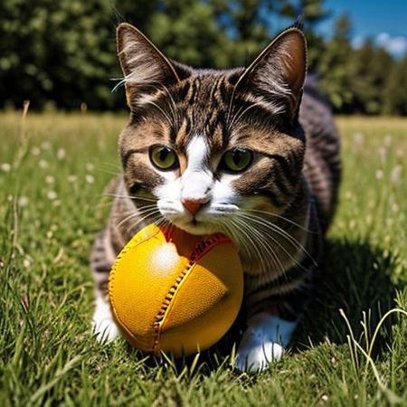 full body, (cat), holding a football, in a meadow, hyper-detailed, hyper-realism, sharp frame, cinematics, lit <lora:lit:0.8>
