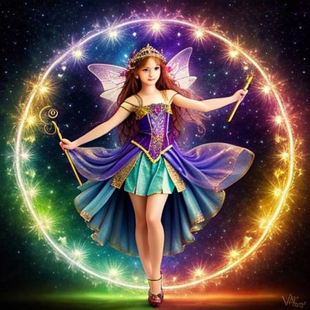 Beautiful fantasy art enchantresses casting a spell holding an ancient scroll and magic wand, young girl, wearing colorful attire by a fairy kingdom with an ethereal glow. van gogh vibrant colors,  full-length full-body image