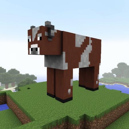 cow_mc. A hyper-detailed, cinematic rendering of a speckled cow from Minecraft, reimagined with realistic depth and texture. The cow stands on a grassy plateau composed of layered square tiles. Its reddish-brown coat fades into pixel-like patches of white, and its boxy face is subtly rounded, hinting at soft fur through baked textures. Luminous reflections on the cow’s horned head suggest ambient global lighting from a crisp sky. Grass blocks are embedded with micro-texture, weathered like digital stone, and a distant treeline fades into voxel mist.