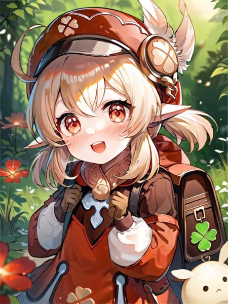 ultra-detailed,(best quality),((masterpiece)),(highres),original,extremely detailed 8K wallpaper,(an extremely delicate and beautiful),best_hand,anime,<lora:Kleex_xl:1>,(\ke li\),Four leaf grass printing,1girl, solo, looking at viewer, smile, gloves, bangs, long sleeves, low twintails, coat, scarf, sidelocks, brown gloves, hat feather, backpack, open mouth, red headwear,