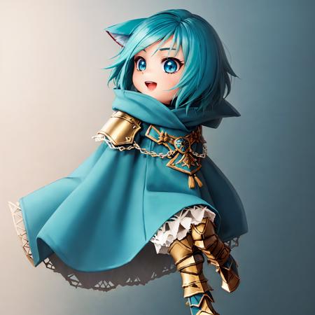 masterpiece, best quality, high resolution, solo, anime, (chibi:1.5), 3d, octane render, unreal engine, (1boy), ancient warrior, rpg setting, BREAK,
beautiful face, glowing teal eyes, beautiful and detailed eyes, teal hair, ((:d expression)), BREAK,
(big head:1.5), short, (cat ears), cat tail, small legs, wide stance, flat chest, BREAK,
teal gauntlets, armor boots, armor legs, (ornate teal armor), swinging sword, blue magic