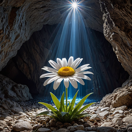 Smooth Quality,Exquisitely intricate linework with bold, expressive contrasts; soft, ethereal lighting interwoven with luminous,
 dynamic highlights; the serene glow of dawn spilling across the horizon. In the heart of a vast, shadowed cavern
 cloaked in total darkness, a majestic daisy sculpted entirely from translucent crystal stands alone. Its petals
 shimmer like cut glass, each edge catching the newborn sunlight that filters delicately through cracks in the cave
 ceiling. The sunâs rays strike the crystal flower, refracting and scattering radiant beams in every direction, 
casting prismatic reflections on the surrounding stone. The daisy glows with inner fireâa fragile miracle of light and
 stone, blooming in silence where no living thing could grow. All around it, towering, uneven crystal spires rise
 from the cave floor and walls, their surfaces alive with shifting hues. An illustration infused with mysticism and 
reverence, set against a breathtaking background painted in deep gradients of crimson, sapphire, and amethyst,
 echoing the enchanted dawn of a forgotten world , <lora:clear:1>, <lora:FF.101.juggernautXL_version6Rundiffusion.LORA:0.8>, <lora:SDXLDetailer:1>