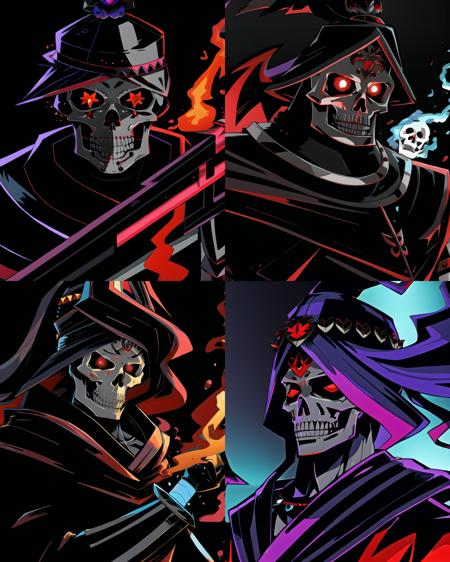 undead skeleton, creepy, hades-8500, cartoon, flaming eyes, portrait, looking at viewer, ancient greece, (realistic), solo, soft lighting, shading, comic, (dark outlines:1.2), epic, fantasy, street fighter, warrior, overwatch, splash art, stars