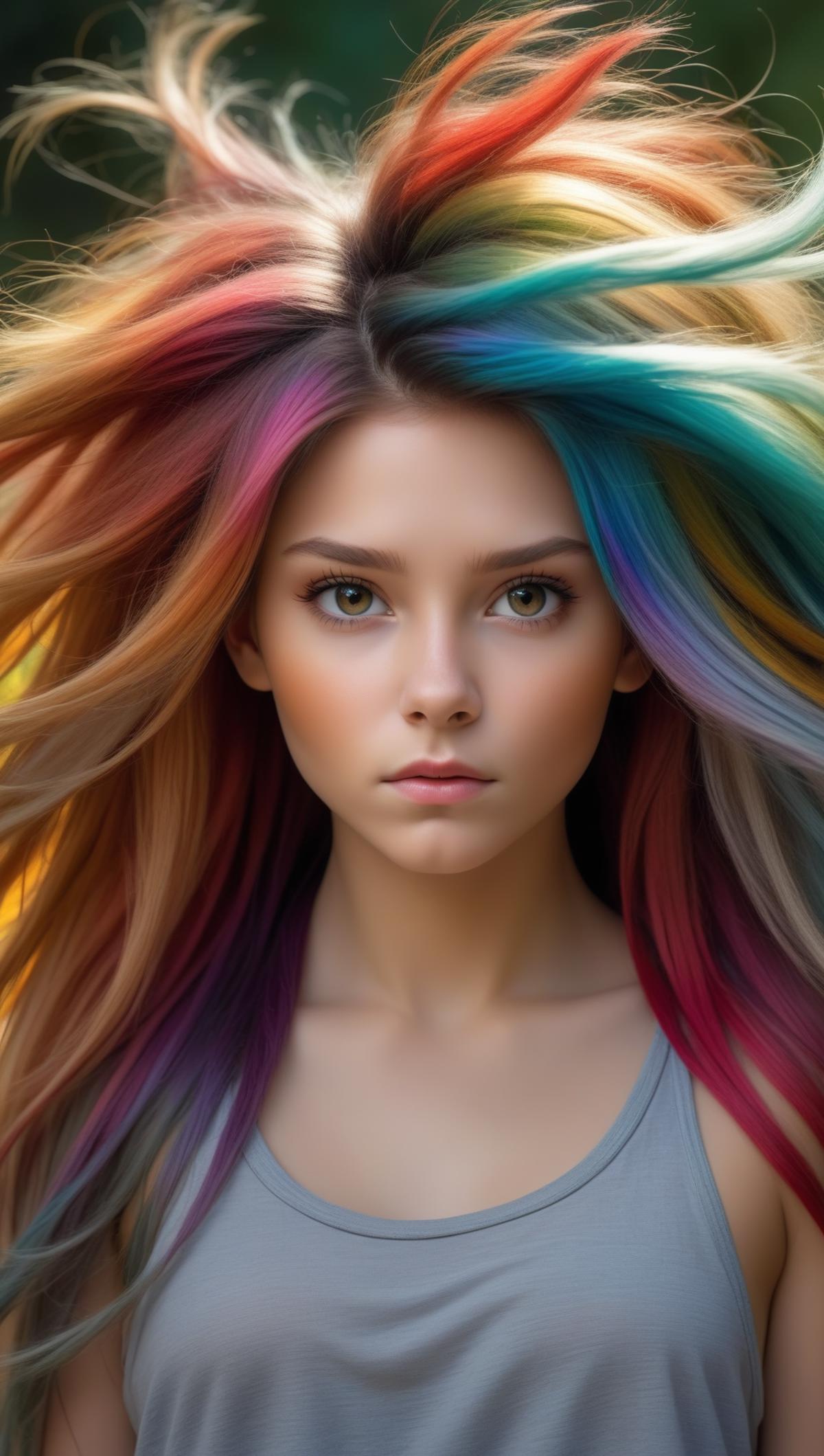 A woman with rainbow-colored hair looking to the side.