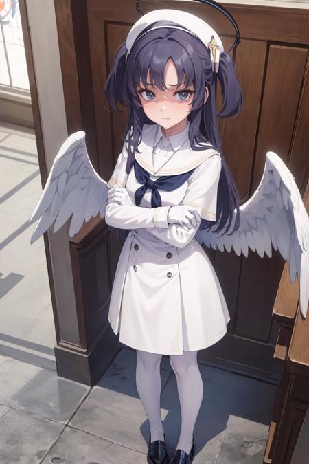 masterpiece, best quality, highly detailed, 1girl, <lora:BlueArchive_Trinity_Mob_v1-000195:0.4>, full body, from above, (church, indoors:1.5), (white gloves:1.5), (long sleeves, white sleeves:1.2), white dress, capelet, (white pantyhose, white collar:1.3), white wings, (white sailor collar, black cuffs:1.4), black loafers, (black neckerchief:1.2), white beret, halo, (low wings, white wings, angel wings:1.3), <lora:yuuka-lora-nochekaiser:1>, yuukarnd, blue hair, (black footwear:1.2), (standing, tsundere:1.5), (looking up at viewer:1.5), embarrassed, (crossed arms:1.4)