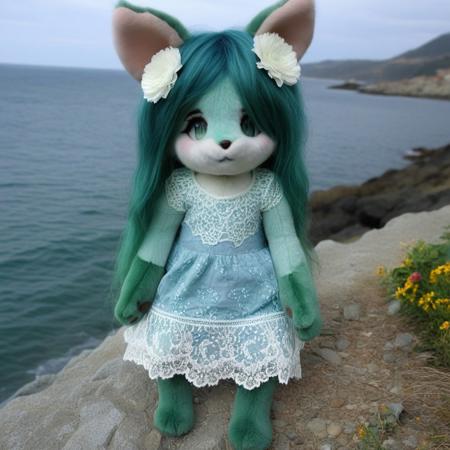 <lora:plush_SDXL:0.7>,realistic, green hair, :3, looking at viewer, no_nose, furry, flower, outdoors, sea, lace-trimmed blue dress, clothed_animal, pawpads, furrification,