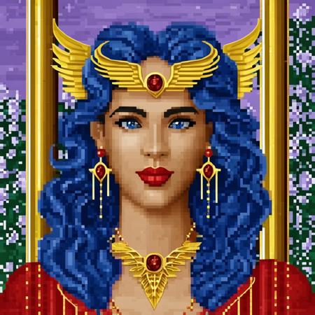Original HoMM2 style portrait of an elven sorceress with blue wavy hair, wearing a golden headpiece in the shape of wings with a red gem at the center. She has pointy ears, blue eyes, and red lips. The woman is adorned with gold earrings and a necklace. She wears a red dress with yellow stitching. The background includes a column with blue runes and a lilac bush, suggesting foliage or a garden setting.
