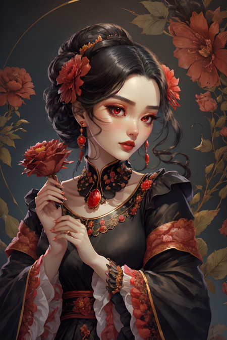 Paint_Style, 1girl, solo, looking at viewer, black hair, hair ornament, long sleeves, dress, holding, brown eyes, jewelry, upper body, flower, earrings, hair flower, wide sleeves, necklace, petals, makeup, rose, chinese clothes, lipstick, black background, red flower, gem, holding flower, red lips<lora:Paint_Style:1>