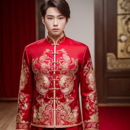 (8k, RAW photo, best quality, masterpiece:1.2), (realistic, photo-realistic:1.4), ultra-detailed, (young male internet celebrity),masculine style,perfect detail ,  make up,(full body:1.5),chinese style architecture,a dress with a red and gold pattern on it<lora:nzshs-10:0.7>