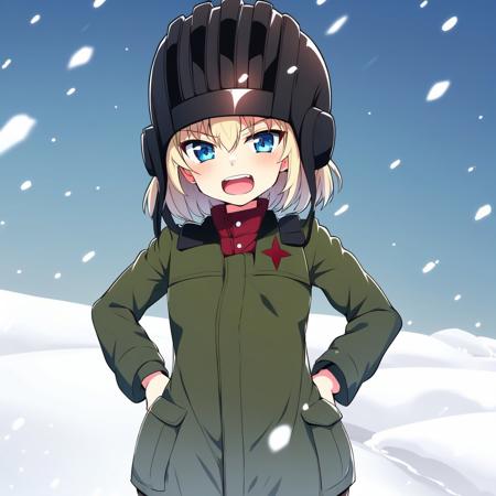 best quality, masterpiece, 1girl, katyusha, blonde hair, blue eyes, bob cut, flat chest, pravda school uniform, helmet, open mouth, happy, (cowboy shot:1.1), snow <lora:katyusha-18:0.9>