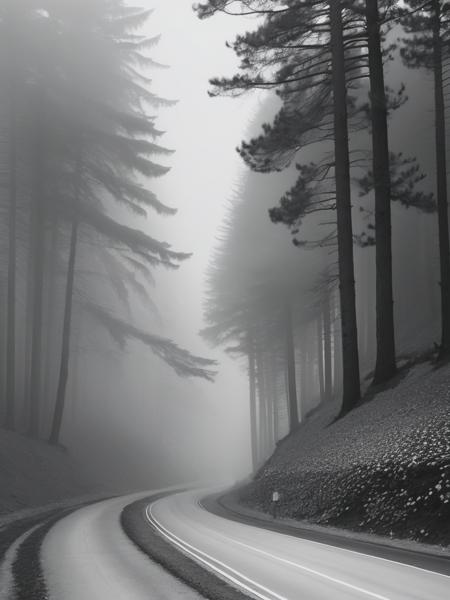 <lyco:RobertAdams:1.0> a beautiful black and white photo of a foggy road surrounded by trees, in the style of fatima ronquillo, coastal scenery, hiroshi nagai, nora heysen, site-specific works, realistic landscapes with soft, tonal colors, the san francisco renaissance.