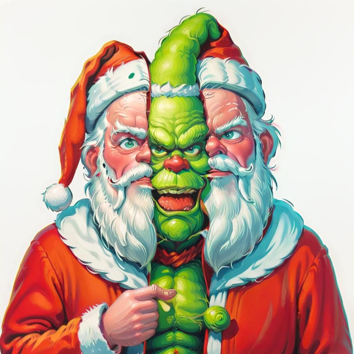A Christmas-themed illustration of Santa Claus and the Grinch with green makeup, wearing Santa hats and a Santa suit.