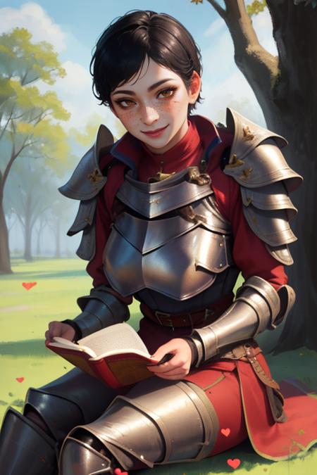 Cassandra,brown eyes,freckles, scar on cheek, very short black hair, solo, close up, smiling, reading a romantic novel with hearts on cover, blushing, looking at book, looking down, 
CasAr,brown gauntlets,breastplate,belt,armored boots, red shirt with purple sleeves, stitched purple pants,
 outside, under a tree, shade, sitting on grass,
(insanely detailed, beautiful detailed face, masterpiece, best quality)
 <lora:Cassandra-10v3:0.7>