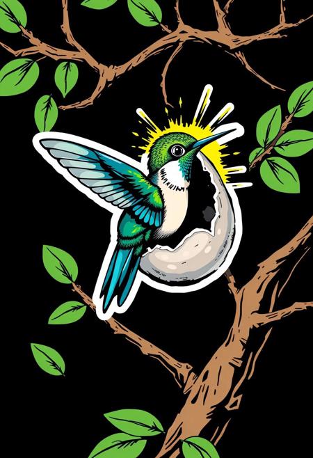 A striking sticker on a black background, ready for cutting, depicting a small hummingbird emerging from its egg in a tree. The illustration is in a dynamic manga style with bold outlines and vibrant, high-contrast colors. The hummingbird's iridescent feathers feature electric greens and blues, complemented by bursts of energy. The tree branches add depth, creating an exciting and adventurous composition.