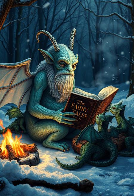 During a winter night an  very old magic creature with transparent wings low on the body, grey antennae and chubby neck  and chubby silhouette sitting nearby  a  big campfire and reading an just one huge old book of fairy tales with stylish cover with gold letters, sitting with a group of little green dragons with dark green wings , with details, snow, snowy, winter forest, vivid colors,  seen under an electron scanning microscope