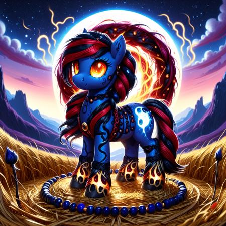 concept art concept art  <lora:1:1> made of straw , a pony made of straw, <lora:Dark-Cute-Ponies:1> drkpny, a shadow-drenched valley, its sky split between twilight and unnatural crimson light, is home to an endless expanse of straw ponies, their bodies adorned with obsidian beads and sapphire-threaded braids. The land pulses with lifelike energyâfields of blackened roses twist and coil, responding to the movement of the herd. Overhead, a fractured celestial sphere glows in shimmering runes, dripping liquid fire onto the meadows below. Beneath their hooves, the ground splits open, revealing twisting roots that writhe like the limbs of unseen creatures. The air itself shivers with energy, a silent promise of something waiting just beyond the veil.
 . digital artwork, illustrative, painterly, matte painting, highly detailed