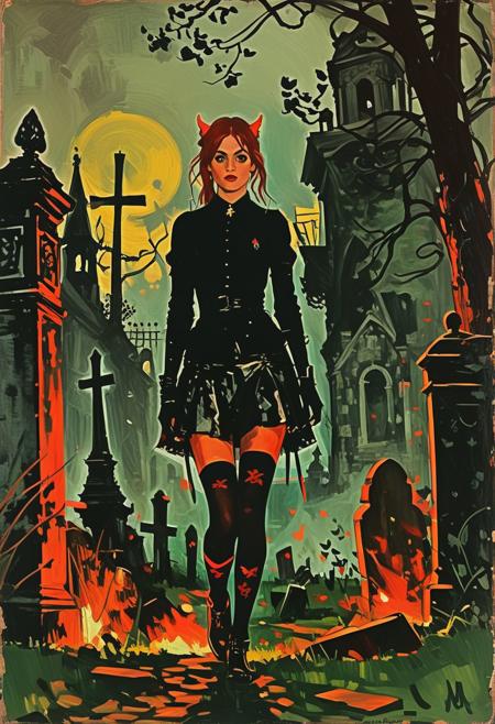 (expressive painting with very rough brush strokes, painting style by Berthe Morisot:1.3),
 portrait of a red-skinned demon with thighhighs walking through a graveyard , tombstones, 
screen tear, , post modern deconstruction, (inferno overlay, split screen image:1.1),