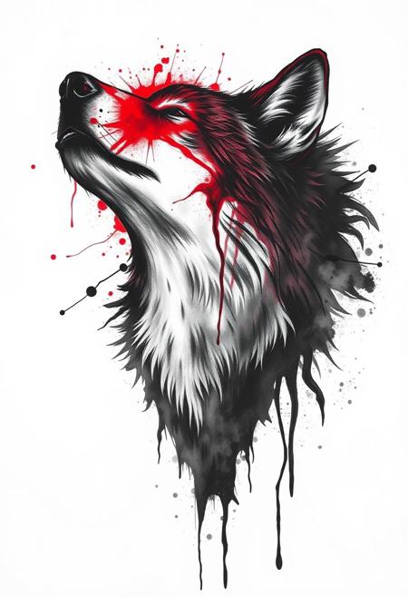 White background, a Wolf's head breaks through the background, the top half of the Wolf's head is red faint blood, the bottom half is black faint ink