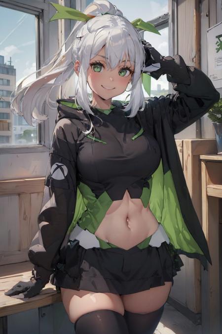 (masterpiece, best quality:1.2), <lyco:consolechan_xbox-09:1.0>, solo, 1girl, xbox-chan, smile, looking at viewer, sitting, ponytail, hair ribbon, clothing cutout, stomach cutout, cape, thighhighs, (gloves:1.1), indoors, cabin interior