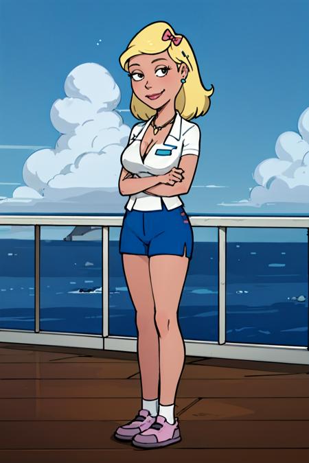 <lora:BeckyAD1.00:0.7>solo, 1girl, becky, blonde hair, blue shorts, breasts, cleavage, cloud, earrings, hair bow, cruise ship, makeup, medium breasts, necklace,crossed arms, shoes, short sleeves, sleeveless, smile, white shirt,standing, looking at viewer,