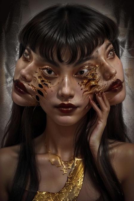 Portrait of a black marble face of tomie kawakami, a silk scarf covers her head, golden textures of gold, liquid gold oozing out, high contrast, gold and silver details, silhouette, ochre and black tones, low angle, side lighting, hyperdetailed, hyperrealistic, 3D