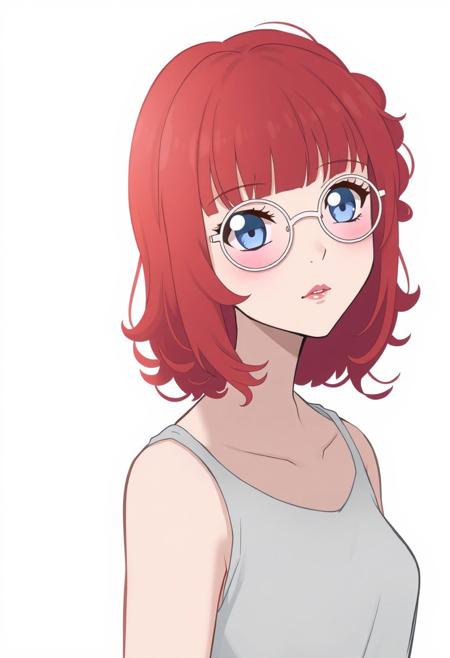 light from front, 1girl, solo,short hair,curly hair,looking at viewer, bangs, blue eyes, simple background, shirt,red hair,bare shoulders, monochrome, upper body, parted lips, glasses, sleeveless, blunt bangs, mole, lips,looking to the side, gradient background, eyelashes, mole under lip, sleeveless shirt, makeup,sunglasses, lipstick, portrait, close-up, pink lips, round eyewear, limited palette, tinted eyewear,looking over eyewear, white-framed eyewear,light blue-tinted eyewear, pink-tinted eyewear,