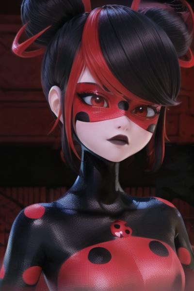 (best quality, masterpiece:1.2), perfect eyes, perfect face, (red/black tone), beautiful, 1girl, solo, black and red suit, gray lipstick, a suit with black and red dots, ((outside, night)), shadybug, black hair, red eyes, <lora:Shadybug:0.8>