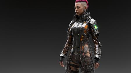 female cyborg, (wasteland punk:2.0), Biomechanical, urban punk techwear, circuits, sci-fi, schematic, dark fantasy, (Transparent Vinyl RGB jacket), full body portrait, niji style, (ukiyo-e:1.5), floral patterns, ((masterpiece)), (Ultra-HD), (high-resolution), (16k), (epic), (insanely detailed:1), (photorealistic:1), color-graded, anime style, concept art, drawing, edge lines, harsh shadows, high contrast, (dark shadows, warm colors, dark colors, high contrast)