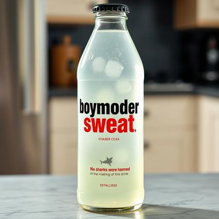 Product image of a drink in a glass bottle called "boymoder sweat", the liquid inside is transparent like water. The bottle is branded in black with the text being in red. The drink is made by "Chaser Co" which was established 2024. Its an Instagram photo with the bottle standing on a table in a kitchen with a blurred background. No sharks were harmed in the making of this drink.