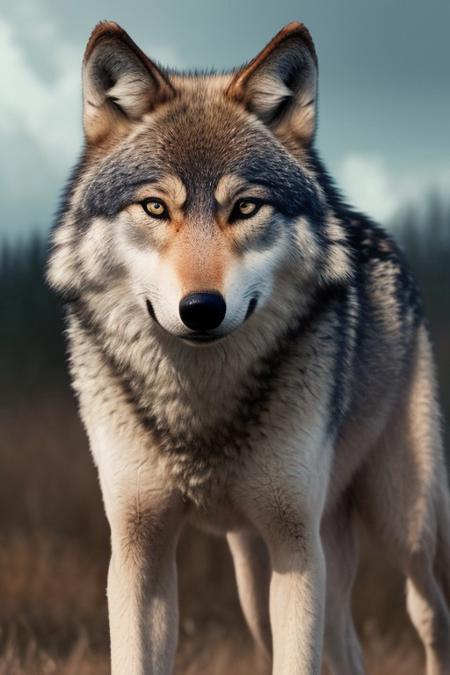 long shot scenic professional photograph of a wolf. A light pastel background with gentle curves enhances the scene. A detailed 3D rendering capturing warm lighting, soft shadows, and fuzzy texture, perfect viewpoint, highly detailed, wide-angle lens, hyper realistic, with dramatic sky, polarizing filter, natural lighting, vivid colors, everything in sharp focus, HDR, UHD, 64K