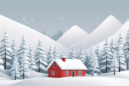 A minimalistic illustration of a snowy winter landscape with a red house tucked away on the left side of beautiful evergreen trees,  3d