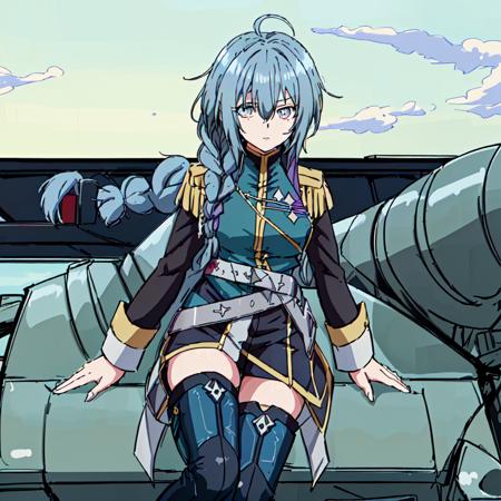 <lora:Chris_Crossange-10:1>Masterpeace,high quality,outdoor,Chris_Crossange, 1girl, solo, long hair,thighhighs, blue hair, braid, ahoge, boots, belt, black footwear, hair over one eye, uniform, grey eyes, military, single braid, military uniform, thigh boots, hair over shoulder