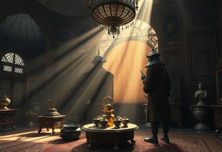 source_photo, photorealistic, masterpiece, 4k, ray tracing, intricate details, highly-detailed, hyper-realistic, 8k RAW, cinematic light, dramatic light, shallow depth of field,  high budget, bokeh, cinemascope, best view, best angle, XIXth century, Baudelaire, orientalist, collector, surrealist poetry, "Quand il jette en dansant son bruit vif et moqueur,
Ce monde rayonnant de métal et de pierre
Me ravit en extase, et j'aime à la fureur
Les choses où le son se mêle à la lumière."