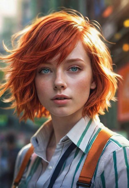(best quality, masterpiece, beautiful and aesthetic:1.2, colorful, dynamic angle)((Full shot)), (highly detailed illustration), science fiction, extreme detailed, colorful,35mm, bokeh, 9:16, (intricate details, hyperdetailed:1.15), detailed, sunlight passing through hair (high contrast, official art, extreme detailed, highest detailed), <lora:Leeloo_5thElement_MillaJovovich_smf_lora_v2:0.9>, 1girl, l3e1o057h-smf, solo, realistic, shirt, blue eyes, looking at viewer, lips, red hair, parted lips, short hair, upper body, striped shirt, white shirt, suspenders, short sleeves, blurry, nose, bangs, orange hair, indoors, blunt bangs, green eyes, blurry background, portrait <lora:add_detail:0.5>