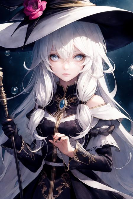 an extremely delicate and beautiful,masterpiece,best quality, ultra-detailed, illustration,Gorgeous and rich graphics,watercolor,realistic,floating,disheveled hair, liquid hair,solo,a girl,beautiful detailed girl,witch hat,holding_magic_cane ,colorful eyes,beautiful detailed eyes,platinum hair,multicolored hair,streaked hair, multicolored clothes,halloween,shining, sunlight,colorful bubble, colorful background,high saturation,surrounded by colorful splashes, <lora:SilvermoonMix06:1>