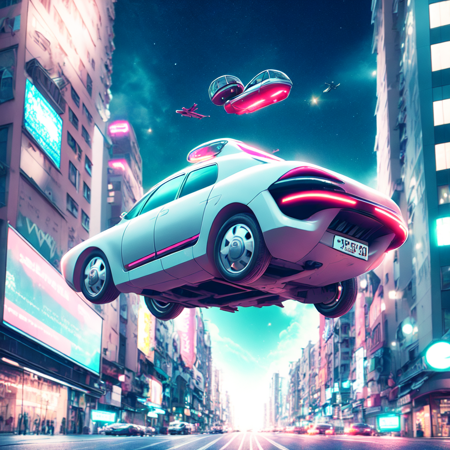 photo, a cartoon car flying over a city at night (HoverCar style:1) <lora:djzHoverCarV21:1>