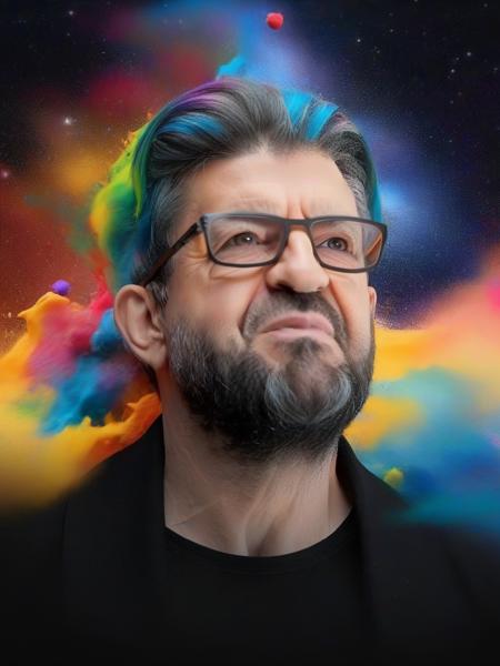 a man (Melench123) , glasses, portrait , style-paintmagic , (((splash of paint))), (((colorful))), (((floating colorful paint))), god of death, (featuring mythical creatures), solar system, milky way, dream, fantasy, (abstract background:1.3), masterpiece, ultra realistic, 32k, extremely detailed CG unity 8k wallpaper, best quality, photorealistic