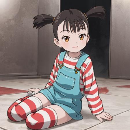 masterpiece, best quality, uran, 1girl, twintails, shadowy, striped, overalls, striped thighhighs,  dim light, smile, sitting <lora:pluto_uran-000016:0.7>