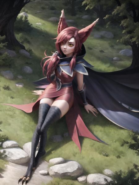 grass, sky, field, xayah, league of legends, 1girl, animal ears, bandaged leg, thighhighs, bandages, belt, bird legs, bird skull, cloak, closed mouth, eyes visible through hair, facial mark, feathers, hood, (hood down:1.5), long hair, yellow eyes, red hair, talons, vambraces, blue capelet, cape, capelet, hair over shoulder, red dress, dress, nose ring, nose piercing <lora:xayah-000036:1>