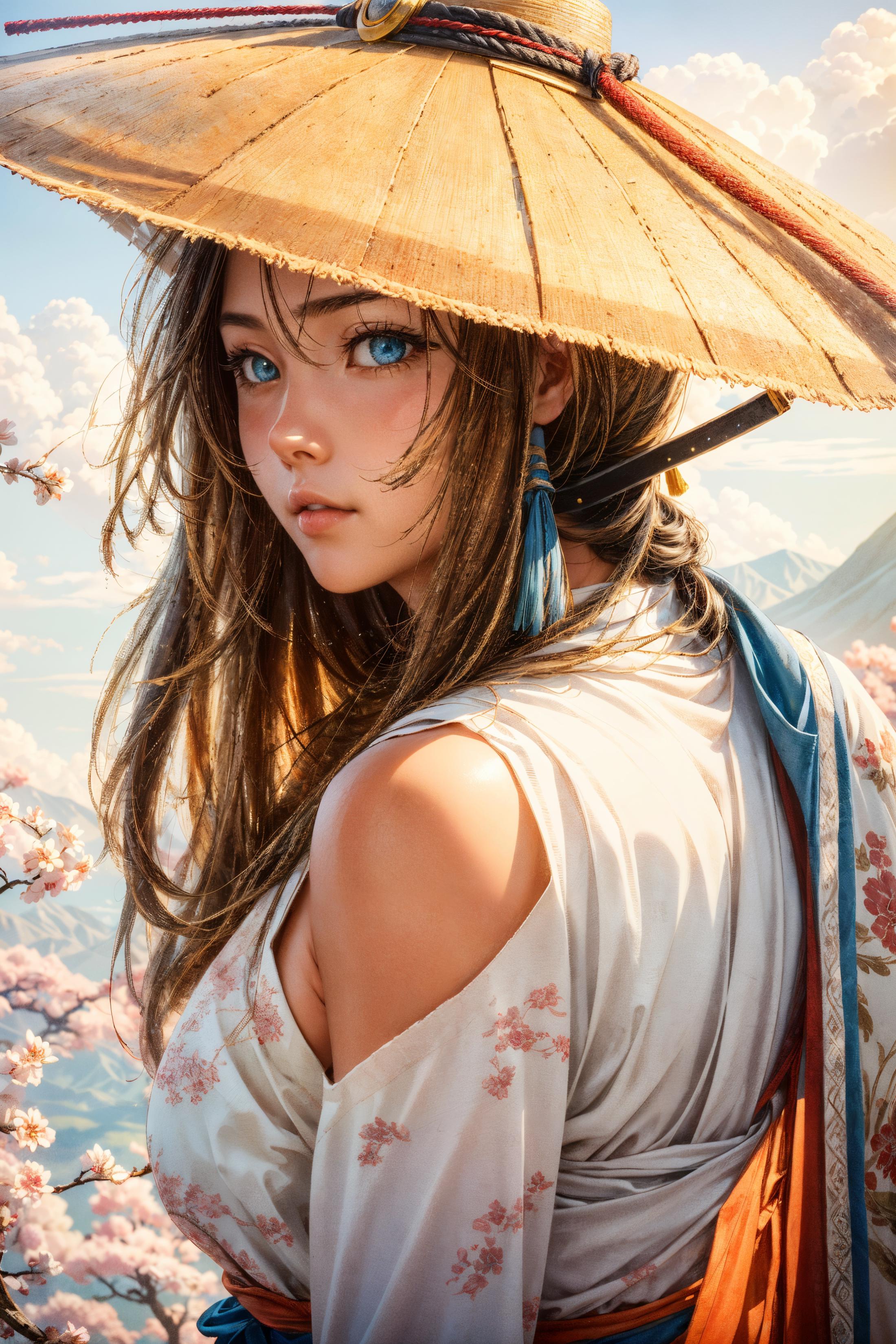 A beautifully drawn illustration of a woman wearing a traditional Asian dress and hat.