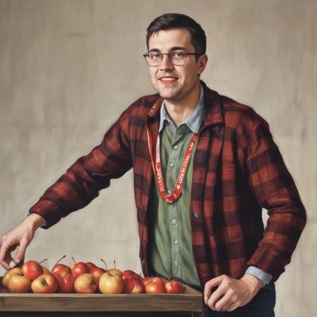 An excited Midwesterner wearing flannel wins the gold medal for (bobbing for apples:1.3) at the Autumn olympics.