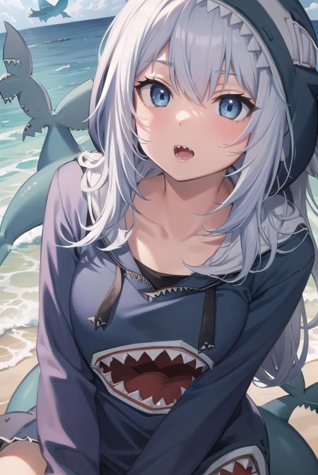 gura gawr, blue hair, grey hair, medium hair, multicolored hair, shark girl, sharp teeth, two side up, teeth, (animal hood:1.5), blue nails, fins, fish tail, hood, long sleeves, (shark hood:1.5), shark tail, tail,