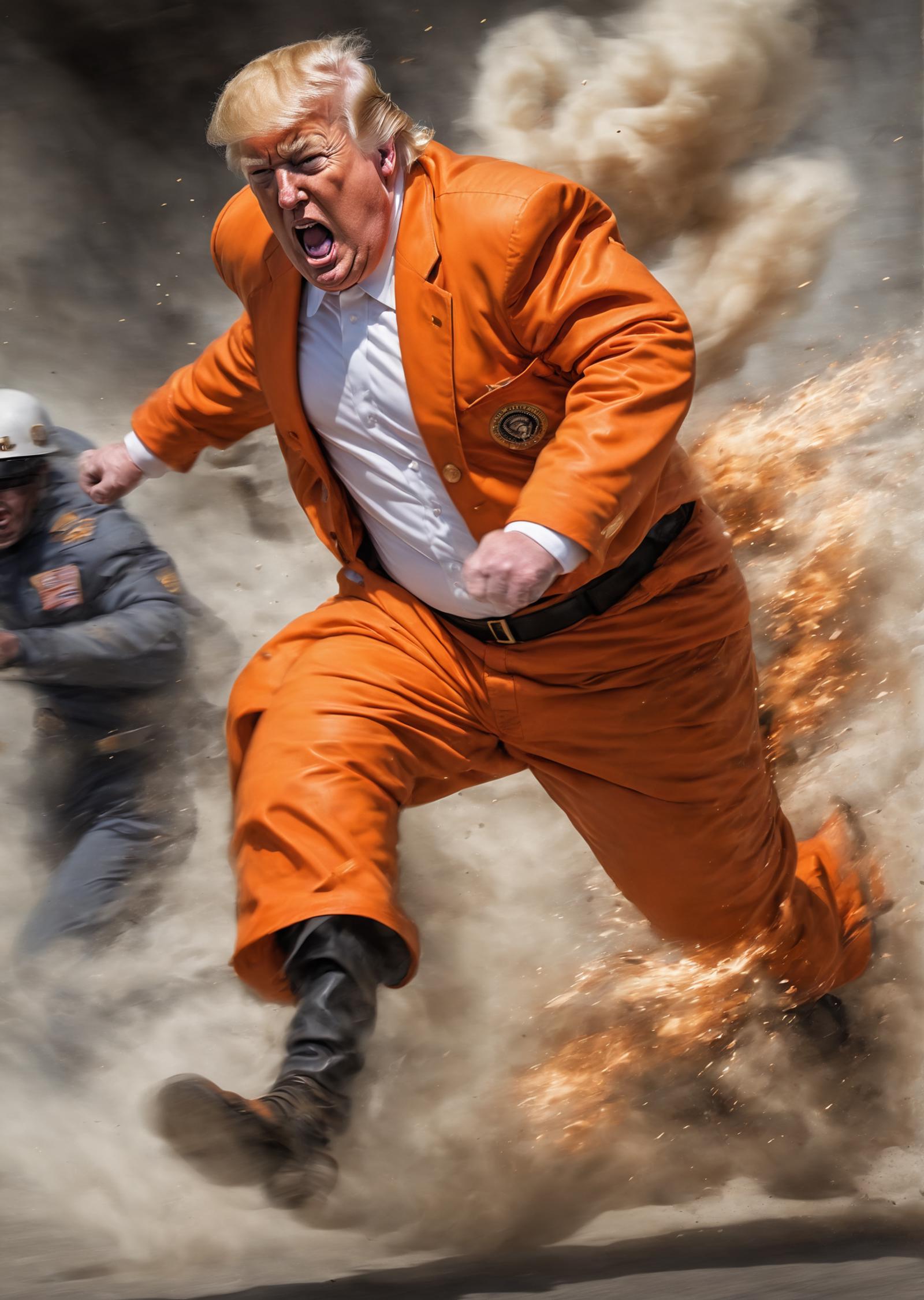 A man wearing an orange suit and white shirt is running.