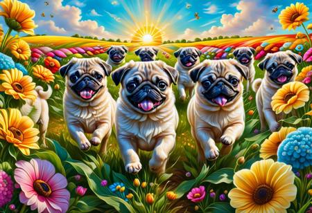 Masterpiece, highres. Highly detailed. Close-up photo of pug puppies running through field of colorful flowers, fluffy fur, huge flowers, big eyes. cute, happy, joy. The sun is shining. Blue sky with fluffy clouds.