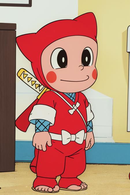 hattirishinzou,a very young child,chibi,retro artstyle,ninja,red kimono,short_sleeves,net,red pants,katana,