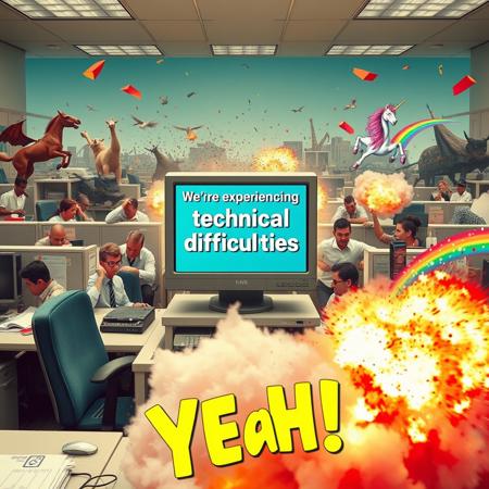 an office, a computer monitor that says "We're experiencing technical difficulties", chaos in the background, mayhem, insanity, discord, paint, cubicles, stuntmen, wild animals, debris, unicorn, rainbows from unicorn butts, explosion, 90's freeze frame, yeah!