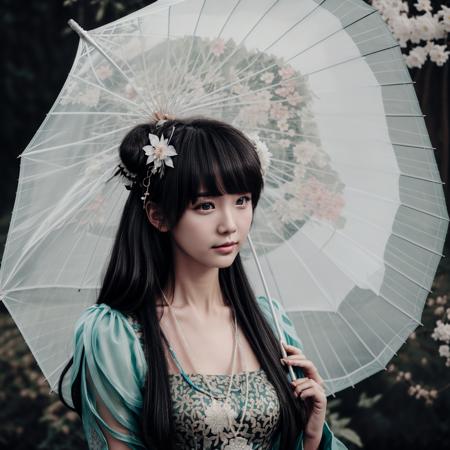 biyaoclothes, 1girl, hair ornament, umbrella, solo, hair flower, long hair, black hair, flower, holding umbrella, necklace, jewelry, holding, upper body, oil-paper umbrella, bangs, facing viewer,<lora:biyaoclothes05:0.9>