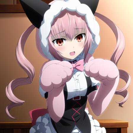 FarisNyanNyan,1girl,twin drills, long hair, twintails, twin drills, pink hair, pink eyes, cat hood, cape,apron, paw gloves, cat tail, closed mouth,:3,smile, AkihaRumiho,1girl,twin drills, maid, black dress,black gloves,tiara, white_dress,white gloves, yellow dress,shorts, miko, sailor_dress, paw_pose, one eye closed,;3,smile,closed mouth,