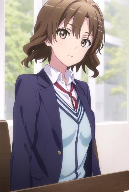 kaoriorimoto, <lora:kaori orimoto s2s3-lora-nochekaiser:1>, 
kaori orimoto, short hair, brown hair, hair ornament, (brown eyes:1.5), hairclip, smile,
BREAK skirt, ribbon, school uniform, jacket, black jacket, plaid, plaid skirt, blazer, sobu high school uniform,
BREAK indoors, classroom,
BREAK looking at viewer,
BREAK <lyco:GoodHands-beta2:1>, (masterpiece:1.2), best quality, high resolution, unity 8k wallpaper, (illustration:0.8), (beautiful detailed eyes:1.6), extremely detailed face, perfect lighting, extremely detailed CG, (perfect hands, perfect anatomy),