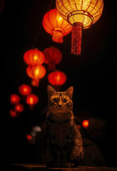 (Soft Lighting Photography by Mimoza Veliu and Mario Giacomelli:1.2), NSFW, A warm, ethereal glow, as if time itself has paused to capture the quiet beauty of the moment. A cat sitting at the center of the frame, her presence contemplative. The night envelops her, but the darkness is not oppressive; 
Above, a series of red lanterns hang suspended on delicate strings, their soft light casting an amber hue over the entire scene. These lanterns are not merely decorative; they seem to pulse with life, their illumination creating a sense of warmth and intimacy, hinting at a cultural or thematic connection, 
The cat gazes directly into the camera, her eyes conveying a mix of curiosity and introspection, as though she is pondering something profound or simply lost in the beauty of the moment.
The background is shrouded in shadow, drawing all attention to the subject and the glowing lanterns above. The darkness beyond hints at a larger settingâperhaps a festival, a market, or an outdoor gathering but the details remain obscured, leaving the viewer to imagine the context. The interplay between light and shadow creates a dramatic contrast, emphasizing the woman's features and the vivid colors of the lanterns.